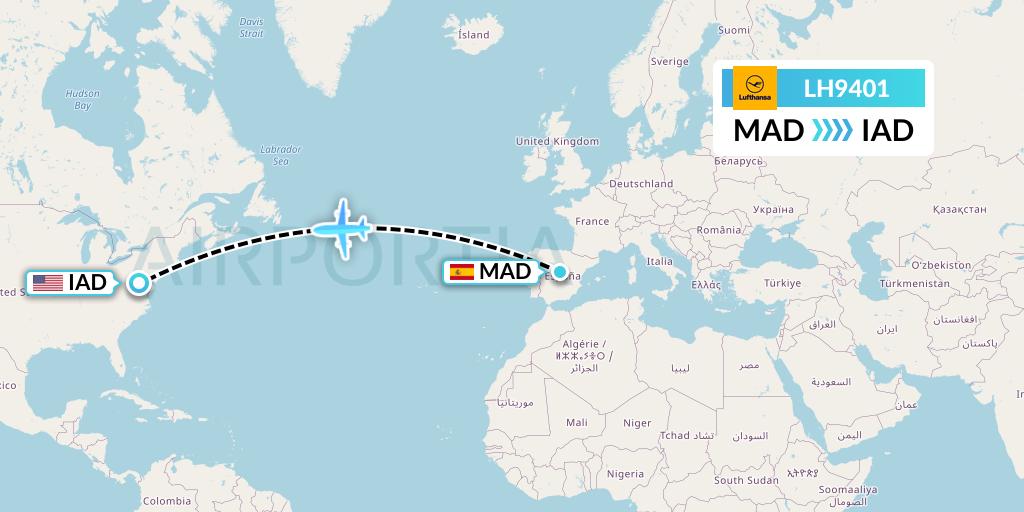 LH9401 Lufthansa Flight Map: Madrid to Washington