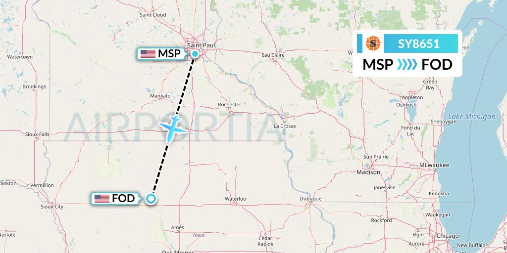 SY8651 Sun Country Airlines Flight Map: Minneapolis to Fort Dodge
