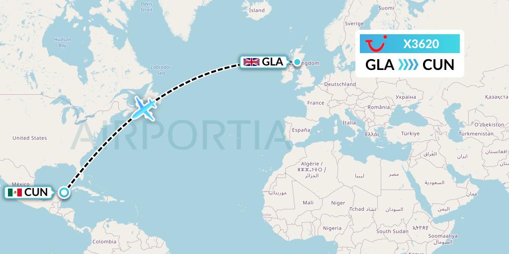 X3620 TUI fly Germany Flight Map: Glasgow to Cancun