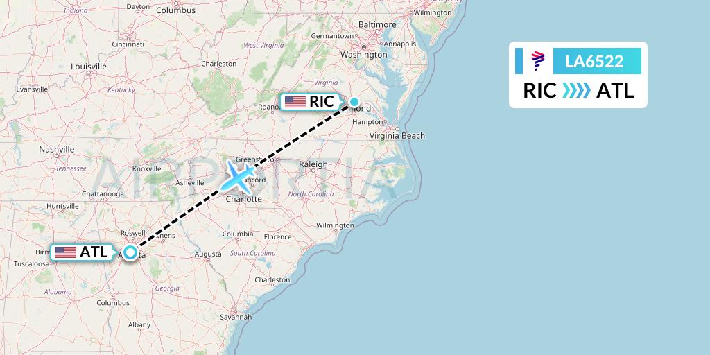 LA6522 LAN Airlines Flight Map: Richmond to Atlanta