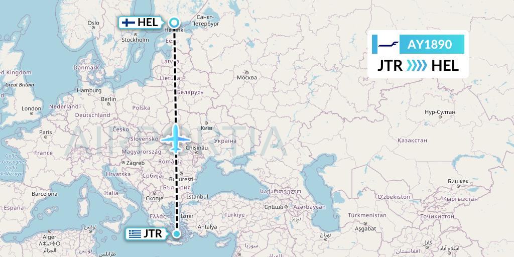 AY1890 Finnair Flight Map: Santorini to Helsinki