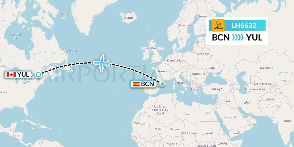 LH6632 Lufthansa Flight Map: Barcelona to Montreal