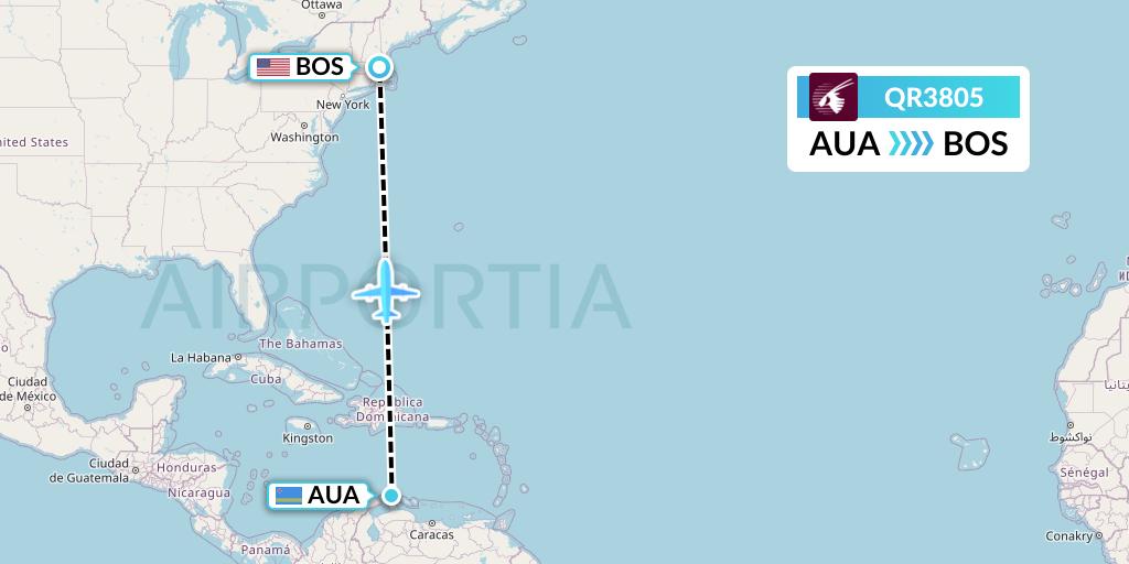 QR3805 Qatar Airways Flight Map: Oranjestad to Boston