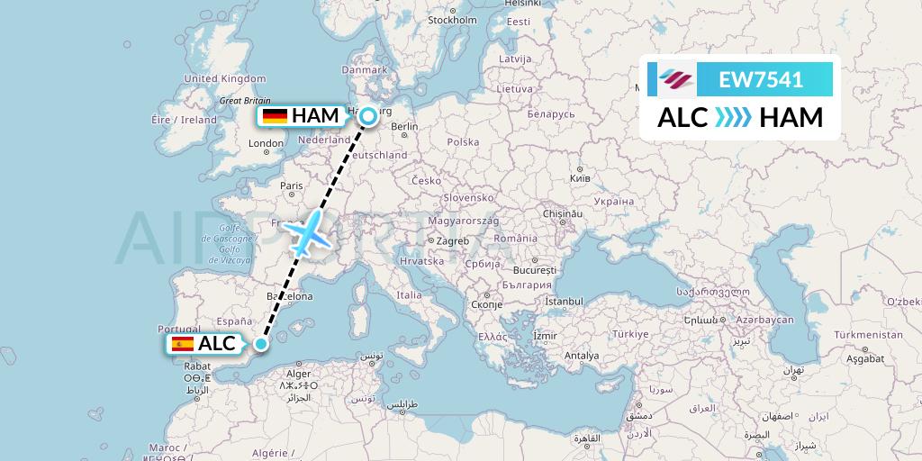 EW7541 Eurowings Flight Map: Alicante to Hamburg