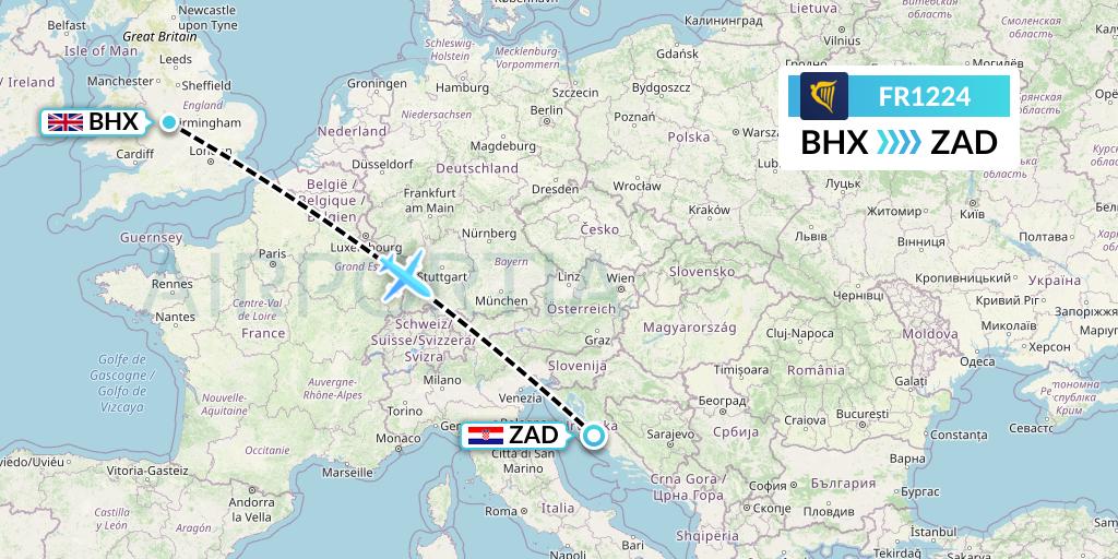 FR1224 Ryanair Flight Map: Birmingham to Zadar