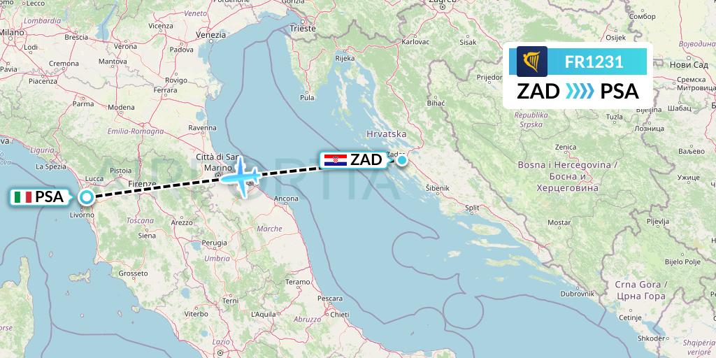 FR1231 Ryanair Flight Map: Zadar to Pisa