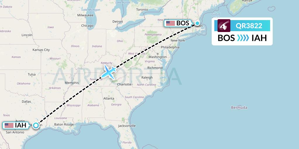 QR3822 Qatar Airways Flight Map: Boston to Houston