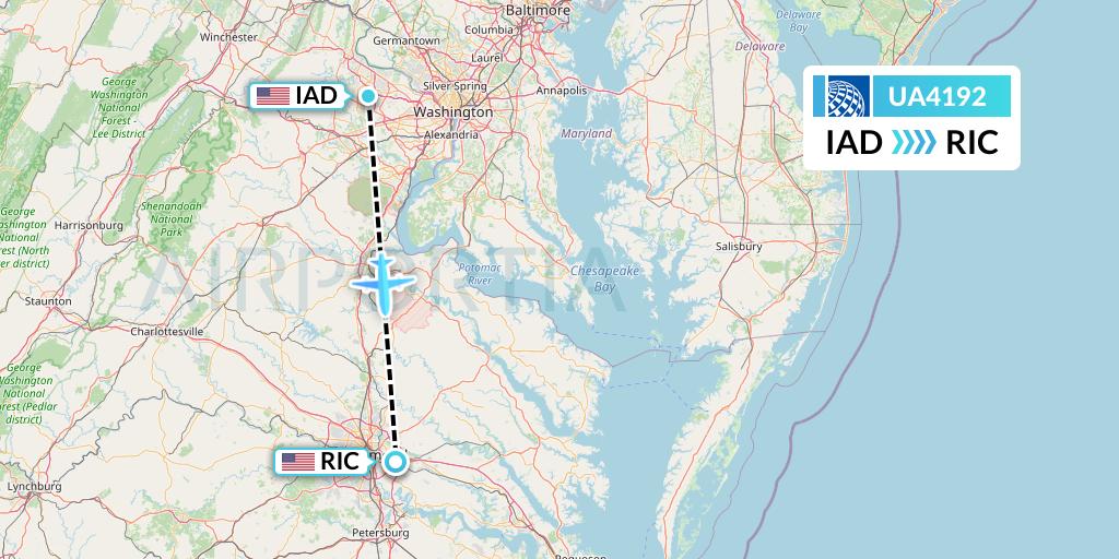 UA4192 United Airlines Flight Map: Washington to Richmond