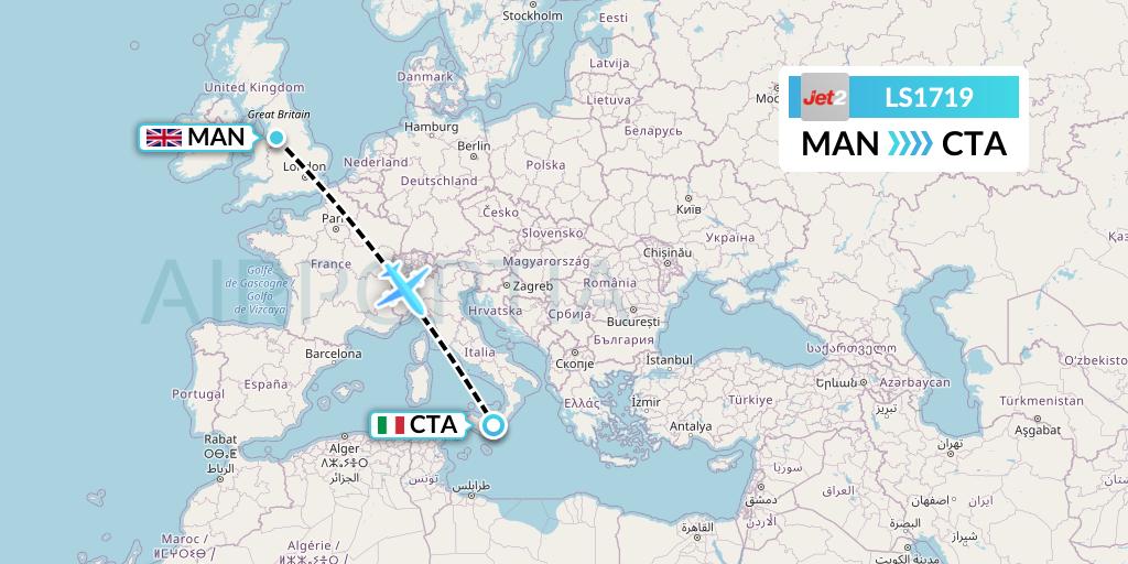 LS1719 Jet2 Flight Map: Manchester to Catania