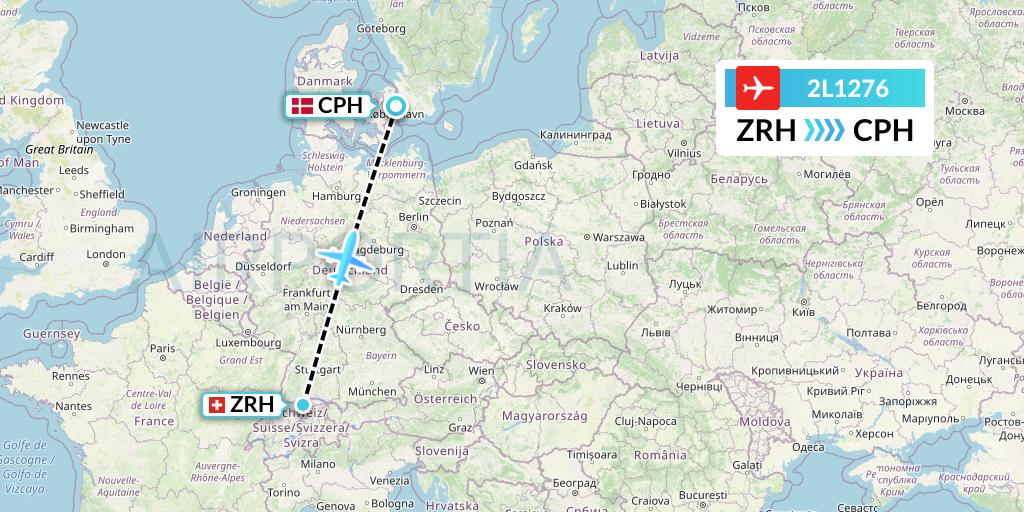 2L1276 Helvetic Airways Flight Map: Zurich to Copenhagen