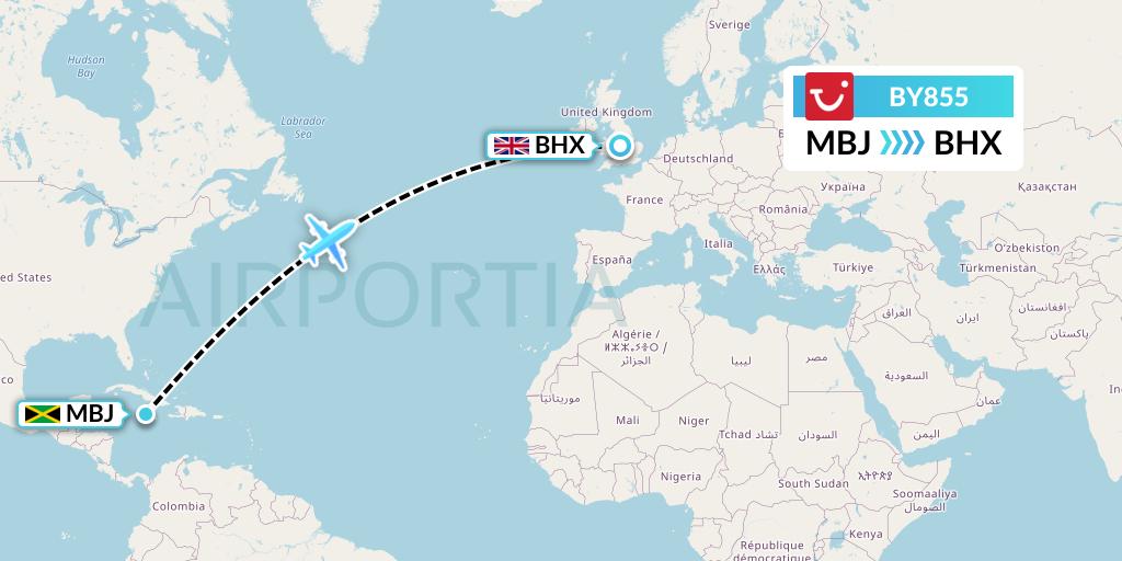 BY855 TUI Airways Flight Map: Montego Bay to Birmingham