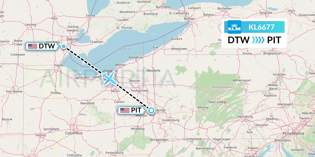KL6677 KLM Flight Map: Detroit to Pittsburgh