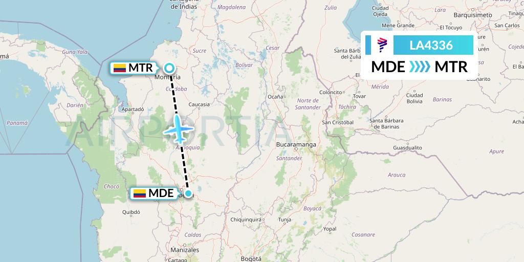 LA4336 LAN Airlines Flight Map: Medellin to Monteria