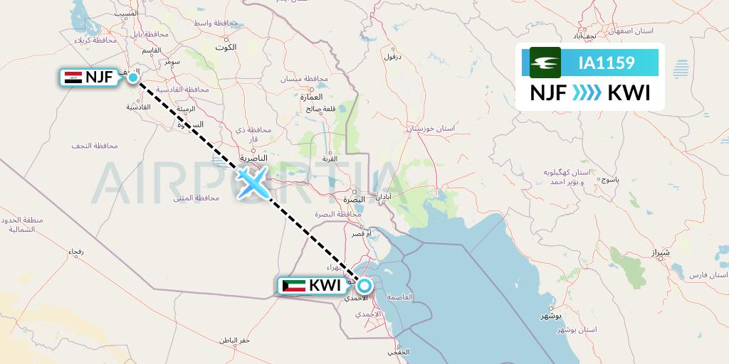 IA1159 Iraqi Airways Flight Map: Najaf to Kuwait City