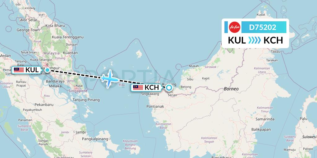 D75202 AirAsia X Flight Map: Kuala Lumpur to Kuching