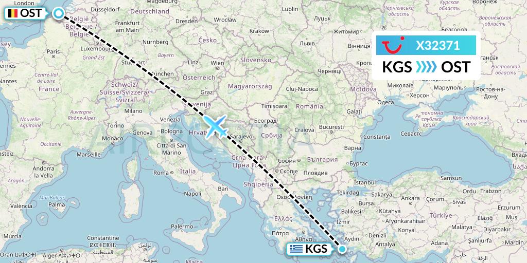 X32371 TUI fly Germany Flight Map: Kos to Ostend