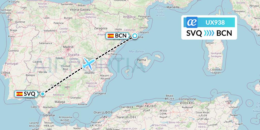 UX938 Air Europa Flight Map: Seville to Barcelona