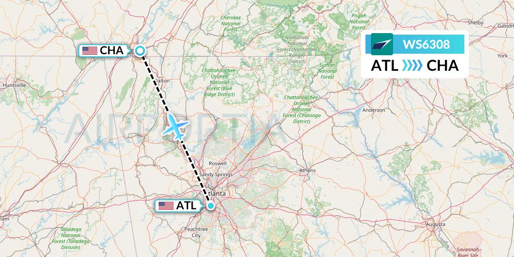 WS6308 WestJet Flight Map: Atlanta to Chattanooga