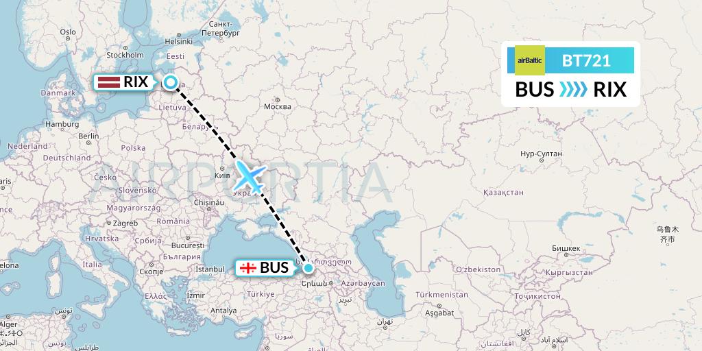 BT721 Air Baltic Flight Map: Batumi to Riga
