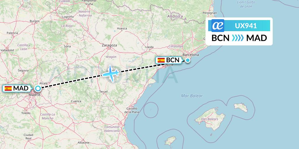 UX941 Air Europa Flight Map: Barcelona to Madrid