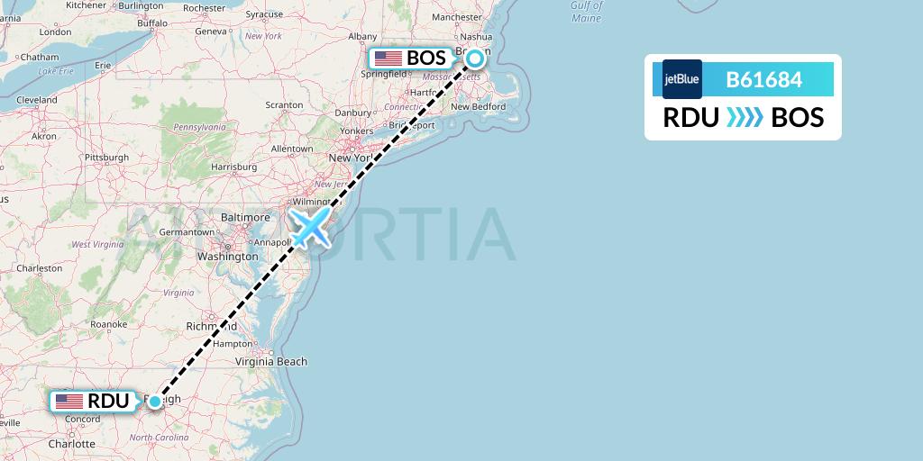 B61684 JetBlue Airways Flight Map: Raleigh-Durham to Boston