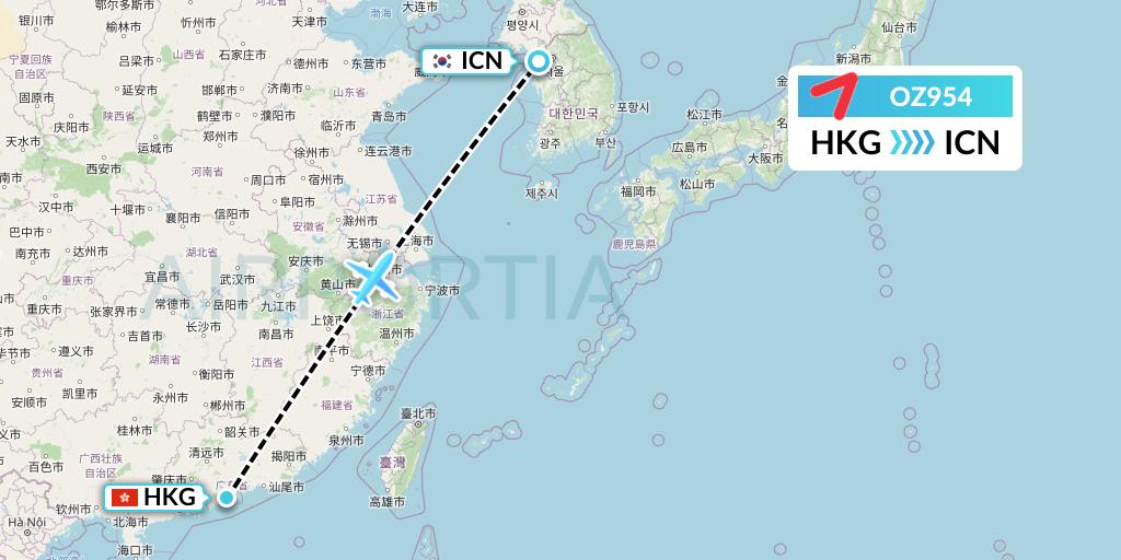 OZ954 Asiana Airlines Flight Map: Hong Kong to Seoul