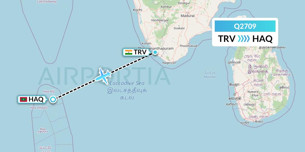 Q2709 Maldivian Flight Map: Thiruvananthapuram to Hanimaadhoo Island