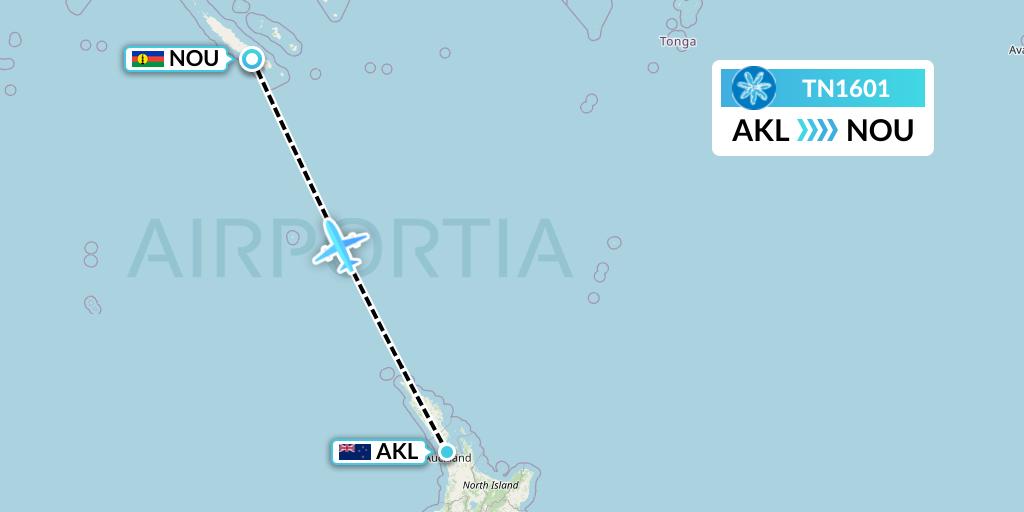 TN1601 Air Tahiti Nui Flight Map: Auckland to Noumea