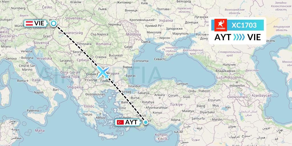 XC1703 Corendon Airlines Flight Map: Antalya to Vienna