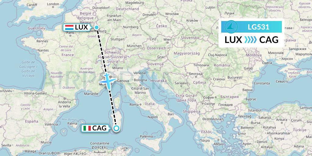 LG531 Luxair Flight Map: Luxembourg to Cagliari