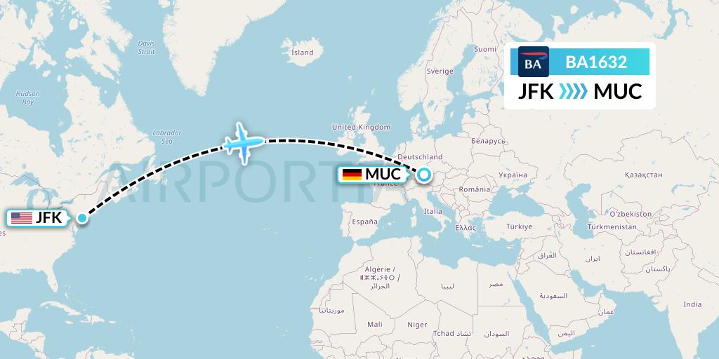 BA1632 British Airways Flight Map: New York to Munich