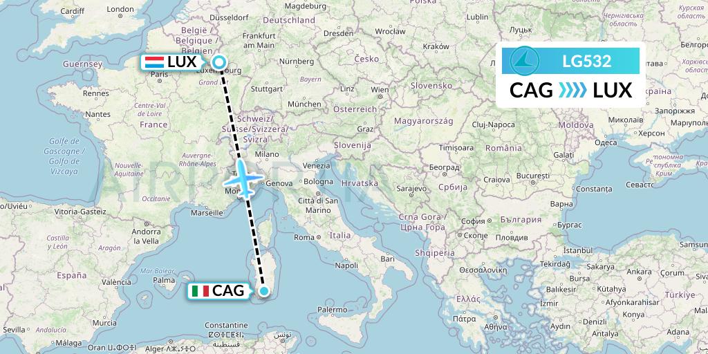 LG532 Luxair Flight Map: Cagliari to Luxembourg