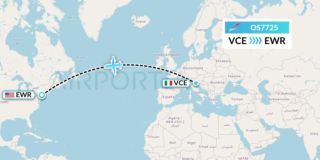 OS7725 Austrian Airlines Flight Map: Venice to New York