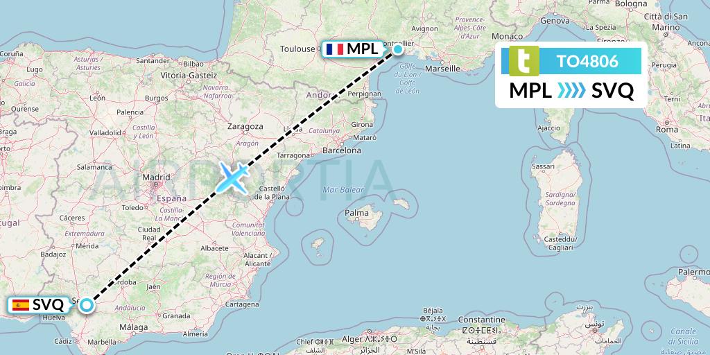 TO4806 Transavia France Flight Map: Montpellier to Seville