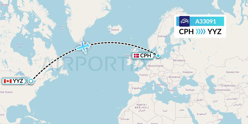 A33091 Aegean Airlines Flight Map: Copenhagen to Toronto