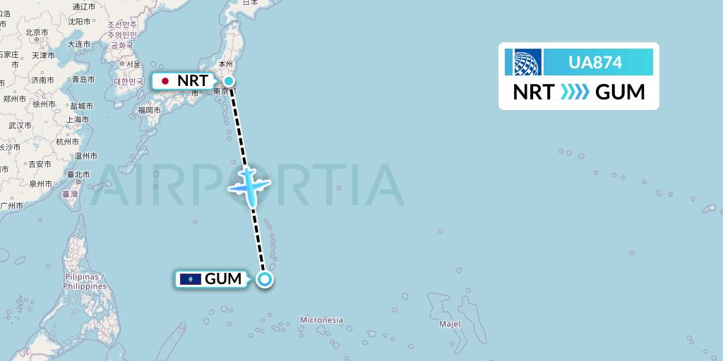 UA874 United Airlines Flight Map: Tokyo to Guam