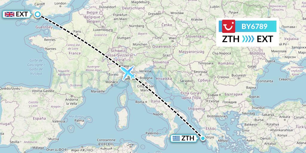 BY6789 TUI Airways Flight Map: Zakynthos to Exeter