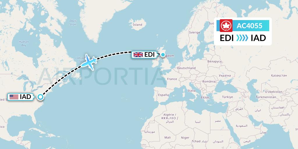 AC4055 Air Canada Flight Map: Edinburgh to Washington