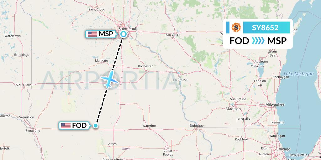 SY8652 Sun Country Airlines Flight Map: Fort Dodge to Minneapolis