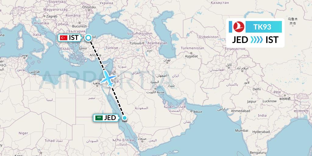 TK93 Turkish Airlines Flight Map: Jeddah to Istanbul