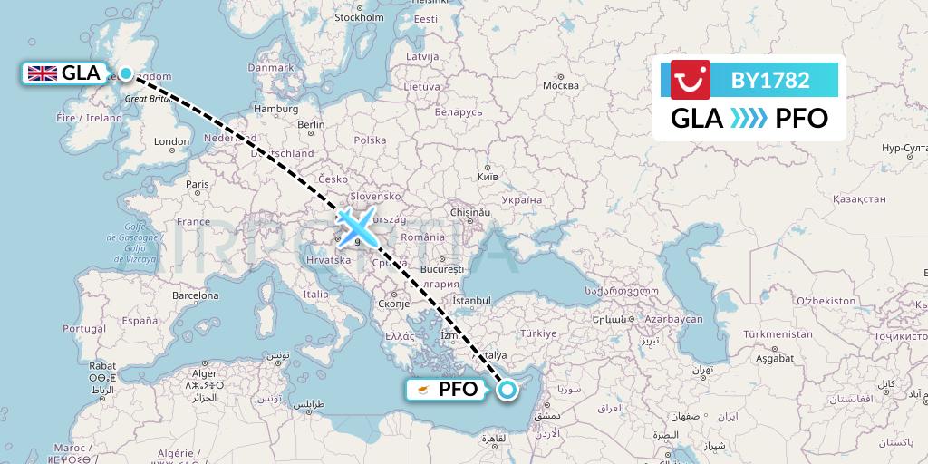 BY1782 TUI Airways Flight Map: Glasgow to Pafos
