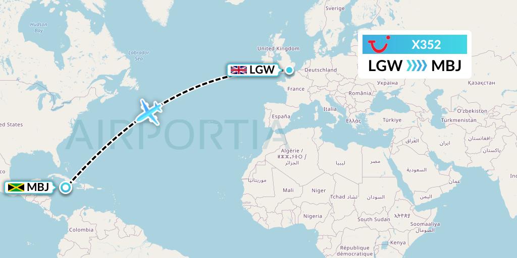 X352 TUI fly Germany Flight Map: London to Montego Bay