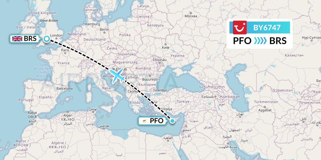 BY6747 TUI Airways Flight Map: Pafos to Bristol