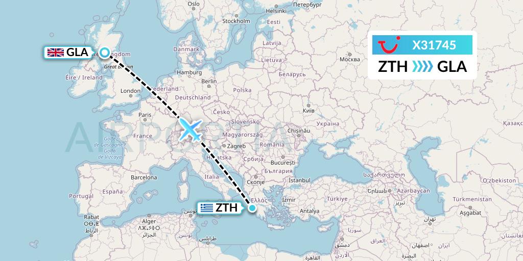 X31745 TUI fly Germany Flight Map: Zakynthos to Glasgow