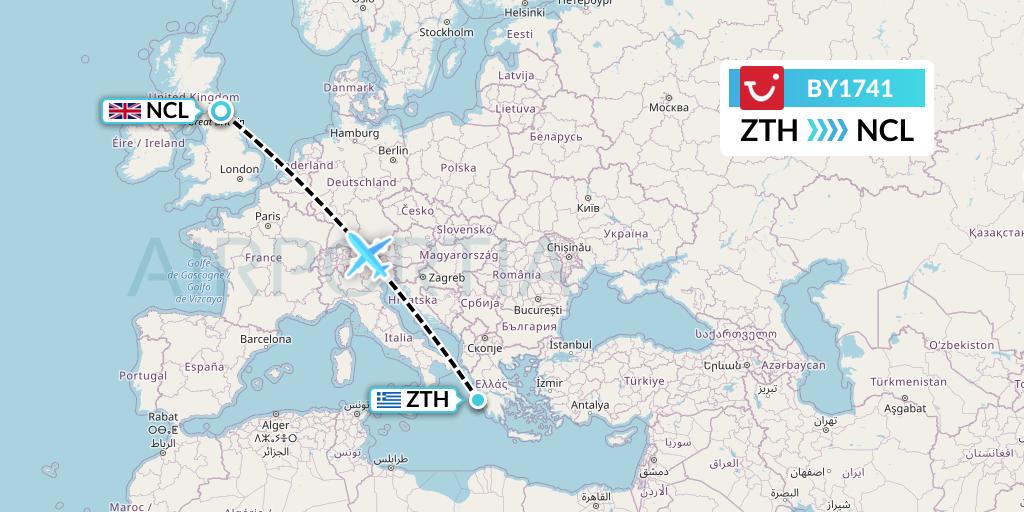 BY1741 TUI Airways Flight Map: Zakynthos to Newcastle