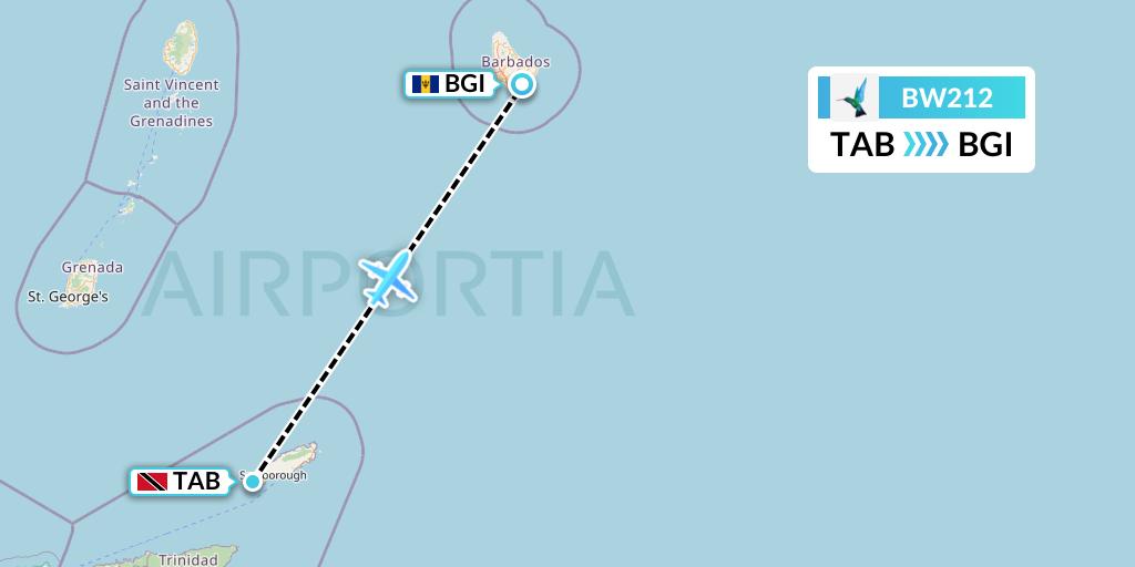 BW212 Caribbean Airlines Flight Map: Scarborough to Bridgetown