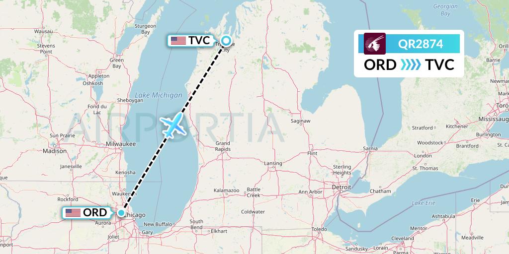 QR2874 Qatar Airways Flight Map: Chicago to Traverse City