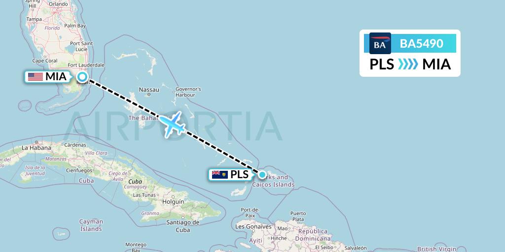 BA5490 British Airways Flight Map: Providenciales to Miami
