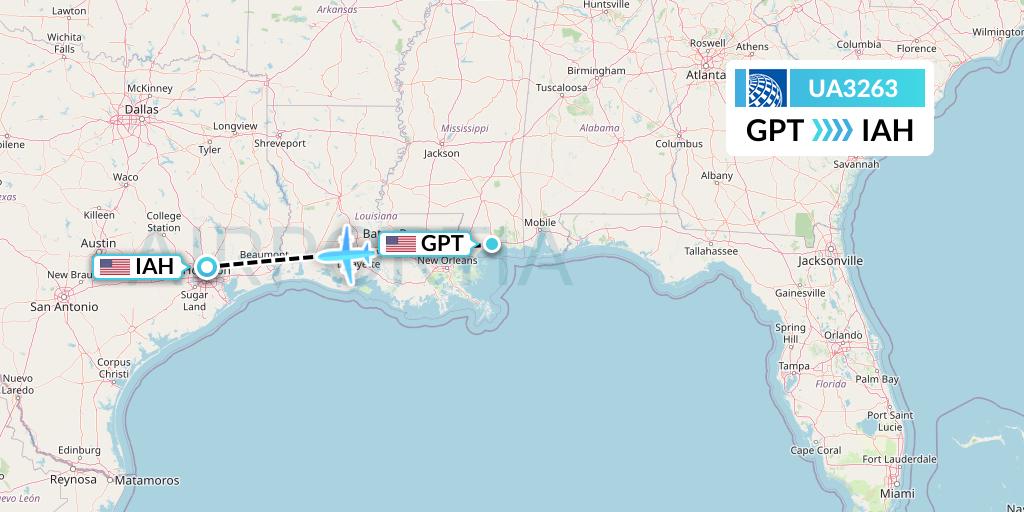 UA3263 United Airlines Flight Map: Gulfport to Houston