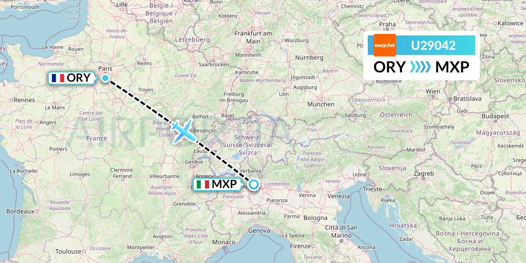 U29042 EasyJet Flight Map: Paris to Milan